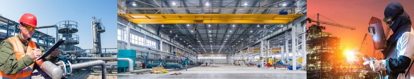 Inspektor na instalacji przemysłowej, wnętrze hali produkcyjnej z suwnicą oraz spawacz na budowie – prace i infrastruktura przemysłowa.